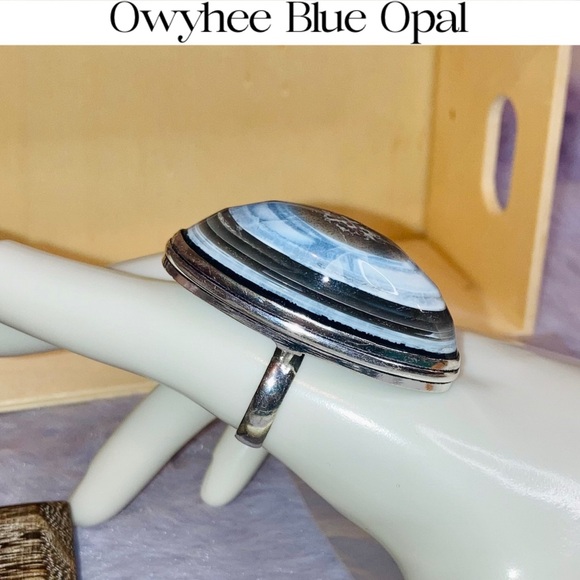 EYE OF THE STORM Owyhee Blue Opal Gemstone Chunky Handmade Ring - Picture 2 of 5